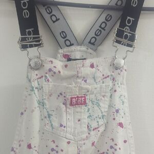 Bebe Kids S 7/8 White Overalls with Colorful Splatter